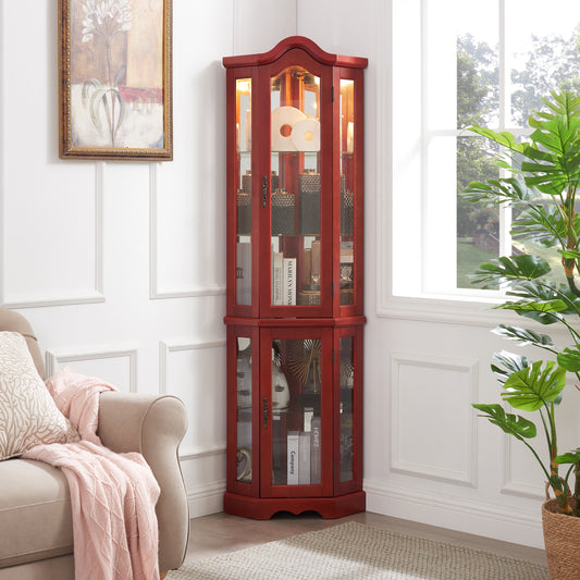 Lula Traditional Lighted Glass Corner Curio Cabinet with Shelves