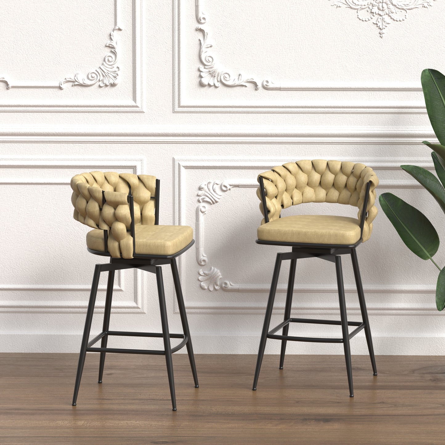 Oakridge Mid-Century 28' Woven Leather Bar Stool Set, Swivel Counter Chairs with Backrest