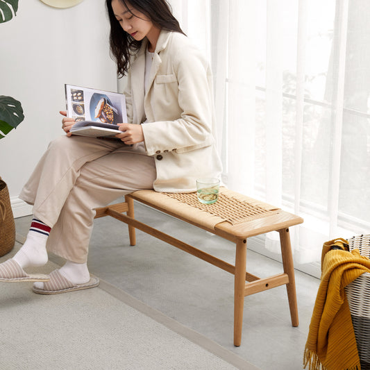 Calista Mid-Century Woven Natural Oak Wood Bench