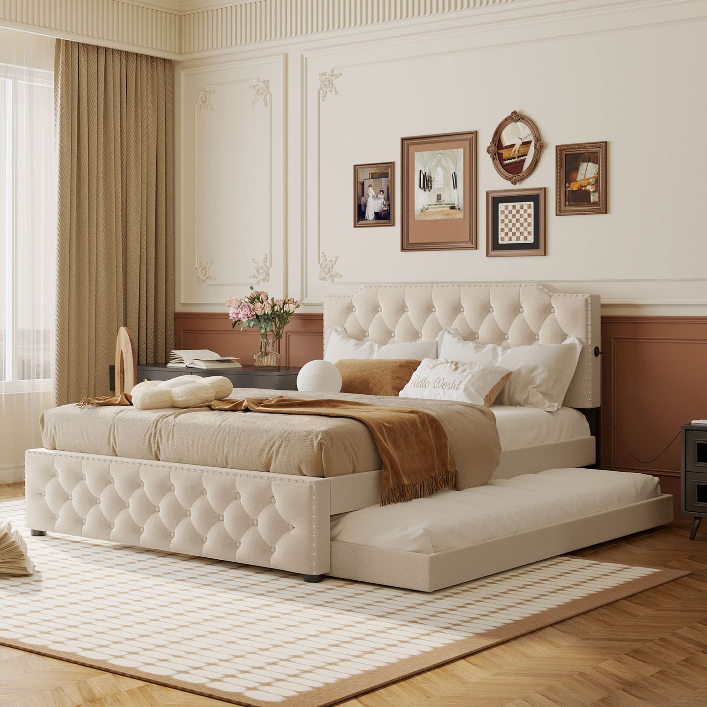 Jiron Contemporary Linen Trundle Bed