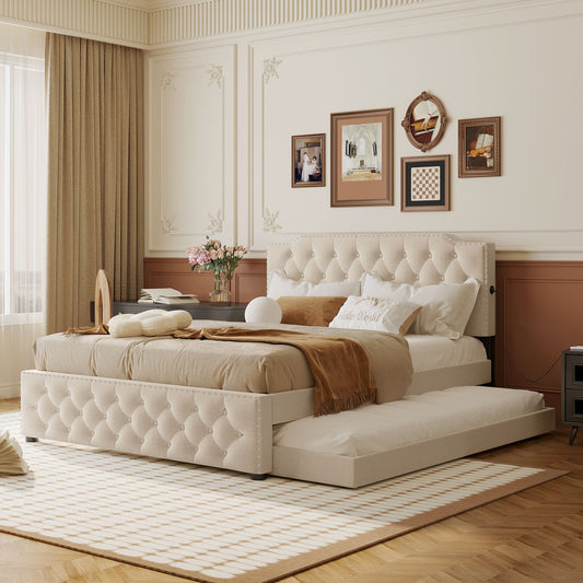 Jiron Contemporary Linen Trundle Bed