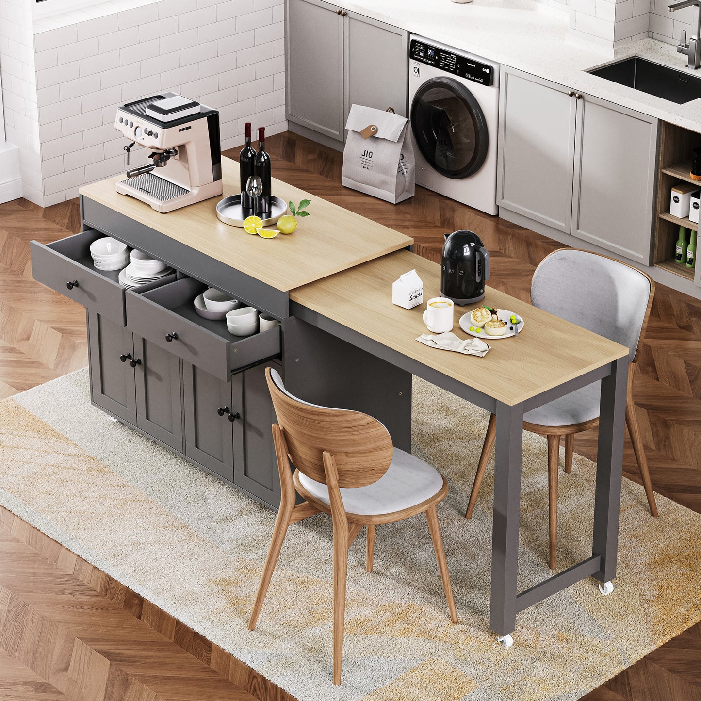 Centerville Modern Extendable Kitchen Island with Storage and Wheels