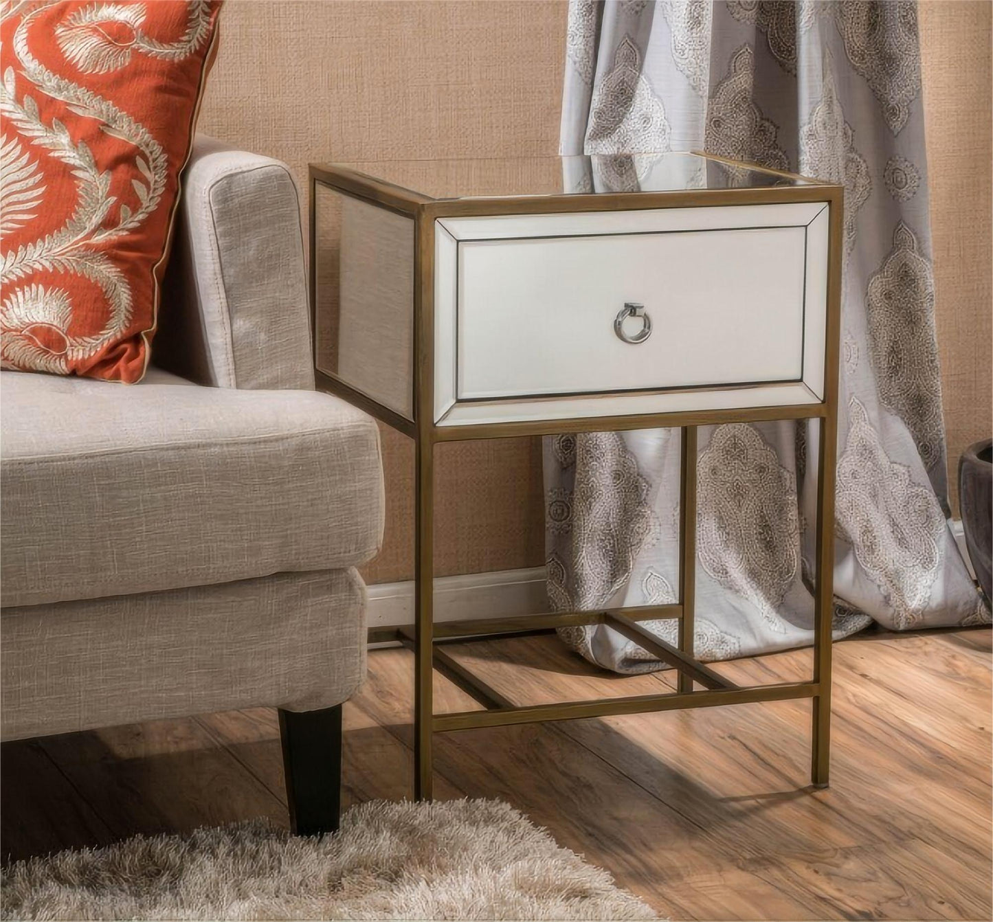 Cleo Contemporary Mirrored Nightstand Storage Side Table