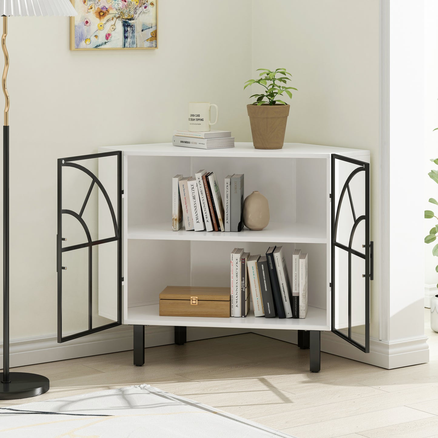 Mission Contemporary Glass Hexagonal Corner Cabinet